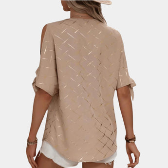 Beige split-sleeve V-neck blouse with metallic thread, featuring a casual chic summer design.
