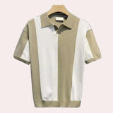 Beige stripe knit polo shirt with a contrasting collar, featuring a summer fashion design.