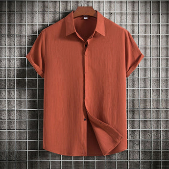 Light brown beige textured Cuban collar men's summer shirt in size 3XL, featuring short sleeves and button-up design, made from lightweight and breathable fabric.