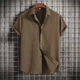 Men's light green summer shirt with a Cuban collar and button-up front, designed with a textured pattern and short sleeves, suitable for a lightweight and breathable wear in warmer weather.
