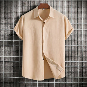 Beige textured Cuban collar men's summer shirt in khaki, size 3XL, displayed on a clothes hanger.