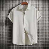 Beige textured Cuban collar men's summer shirt in size 3XL, featuring a lightweight and breathable fabric with short sleeves and a casual, relaxed fit.