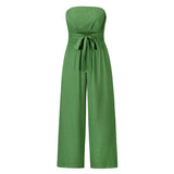 
A green sleeveless jumpsuit featuring a tie waist, designed for elegant casual summer wear, in size 2XL.