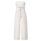 Sleeveless beige tie-waist jumpsuit in size 2XL, designed for elegant casual summer wear, featuring a one-piece style with a sophisticated and minimalist look.