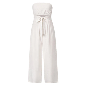 Sleeveless beige tie-waist jumpsuit in size 2XL, designed for elegant casual summer wear, featuring a one-piece style with a sophisticated and minimalist look.