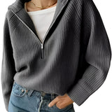 Gray V-neck hooded ribbed knit sweater for women, showcasing a casual streetwear style. The sweater features long sleeves and a comfortable fit, suitable for plus-size with a 3XL dimension.