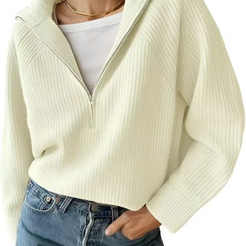 Beige V-neck hooded ribbed knit sweater for women in casual streetwear style, shown in a 3XL size.