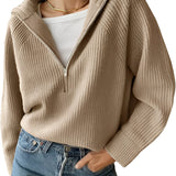 Beige V-neck hooded ribbed knit sweater designed for women's casual streetwear, shown in a large size with long sleeves and comfortable fit.
