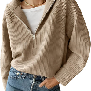 Beige V-neck hooded ribbed knit sweater designed for women's casual streetwear, shown in a large size with long sleeves and comfortable fit.