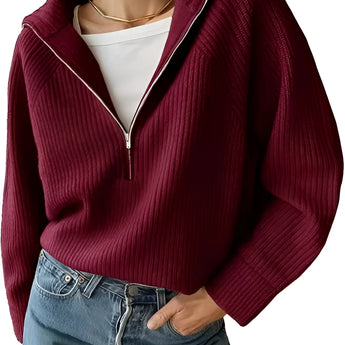 Beige V-neck hooded ribbed knit sweater for women's casual streetwear in a Bordeaux color, featuring long sleeves and a cozy jersey-like texture, available in size 3XL.