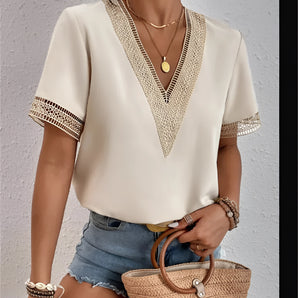 Beige V-Neck Lace Trim Boho Summer Blouse with elegant lace detailing, featuring short sleeves and casual style, perfect for a stylish and comfortable summer look.