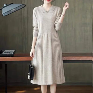 Beige V-Neck Sweater Dress - Elegant Pleated Skirt for Fall Fashion