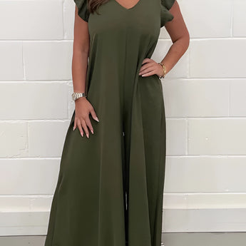 
A dark green V-neck wide-leg jumpsuit designed for elegant formal summer occasions, featuring short sleeves, a cinched waist, and a flowing one-piece style suitable for size 2XL, displayed on a mannequin or hanger.