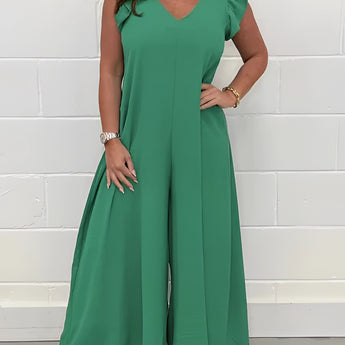 Green V-neck wide-leg jumpsuit in size 2XL, featuring elegant shoulder detailing and a tailored waist, ideal for formal summer occasions.