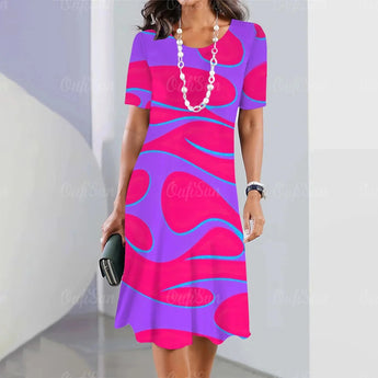 Beige wave pattern knee-length summer formal dress with short sleeves and a round neckline, shown in a pink color variant.