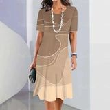 Beige knee-length summer formal dress with a wave pattern, featuring short sleeves and a fitted waist, perfect for office wear in a size 5XL.