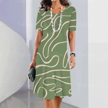 
A knee-length formal dress in a beige wave pattern, designed for office wear, featuring short sleeves and a fitted waist. The dress is styled with a round neckline and falls gracefully to the knees.