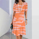 Orange sheath dress with wave pattern, knee-length, featuring a formal style suitable for office wear, short sleeves, and designed for plus size (5XL).