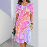 Beige wave pattern knee-length summer formal dress worn by a model with visible arm and shoulder details, suitable for office wear in a 5XL size.
