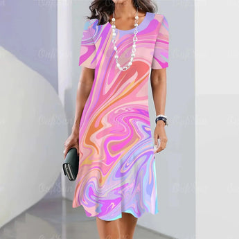 Beige wave pattern knee-length summer formal dress worn by a model with visible arm and shoulder details, suitable for office wear in a 5XL size.