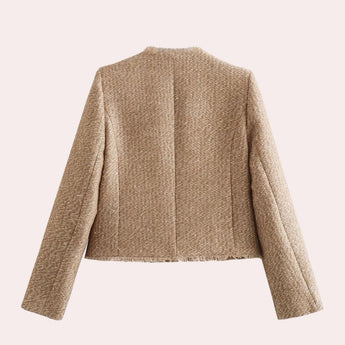 Beige women's bouclé double-breasted blazer with a stylish collar and long sleeves, perfect for chic fall outerwear.