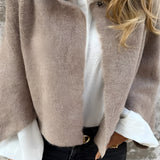 Women's beige cropped fleece jacket in size 3XL, featuring a soft and elegant design with a collar, full-length sleeves, and a comfortable fit around the waist.