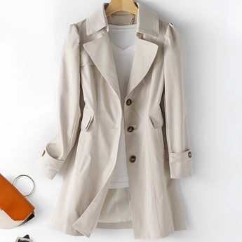 Beige women's double-breasted short trench coat featuring a fitted waist and classic collar design, suitable for plus size (5XL).