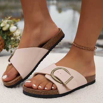 Beige women's flat buckle sandals with a comfortable cork sole, shown in light pink, size 41, perfect for summer.