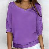 Beige women's lightweight 3/4 sleeve scoop neck knit sweater in purple, size 5XL, displayed on a mannequin showcasing shoulder and sleeve details.