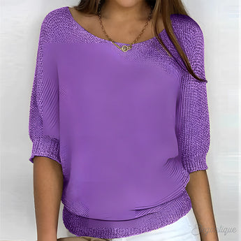 Beige women's lightweight 3/4 sleeve scoop neck knit sweater in purple, size 5XL, displayed on a mannequin showcasing shoulder and sleeve details.