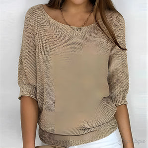 Beige women's lightweight 3/4 sleeve scoop neck knit sweater in a sand color, size 5XL, featuring a relaxed fit and soft texture.