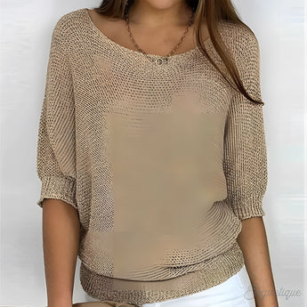 Beige women's lightweight 3/4 sleeve scoop neck knit sweater in a sand color, size 5XL, featuring a relaxed fit and soft texture.