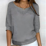 Lightweight gray women's knit sweater in size 5XL featuring a scoop neckline and 3/4 sleeves, displayed on a mannequin or model.