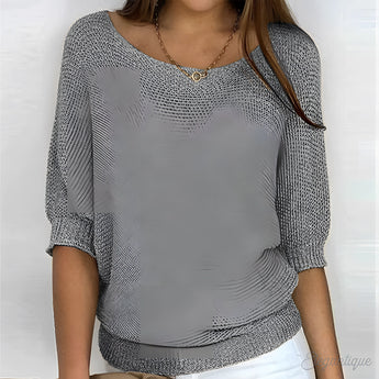 Lightweight gray women's knit sweater in size 5XL featuring a scoop neckline and 3/4 sleeves, displayed on a mannequin or model.