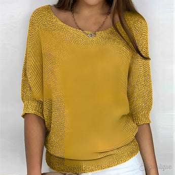 Yellow women's lightweight 3/4 sleeve scoop neck knit sweater in size 5XL displayed on a plain white background.