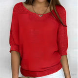 Red 5XL women's lightweight knit sweater featuring a scoop neck and 3/4 sleeves.