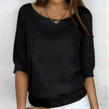 Black women's lightweight 3/4 sleeve scoop neck knit sweater in size 5XL, displayed on a model showcasing the garment's fit and style.