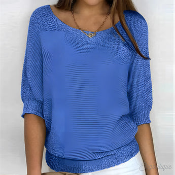
A blue lightweight knit sweater for women featuring a scoop neck and 3/4 sleeves, available in size 5XL.