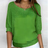 Beige women's lightweight knit sweater with 3/4 sleeves, scoop neck, shown in green color, in a 5XL size.