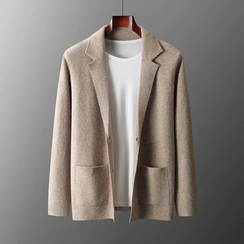 Beige women's lightweight casual linen blazer, collarless with an open front design, shown in size 2XL.