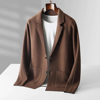 Beige women's lightweight casual linen blazer featuring a collarless open front design, shown in a coffee color, size 2XL. The blazer has long sleeves and a sleek, buttonless front, suitable for both formal and casual occasions.