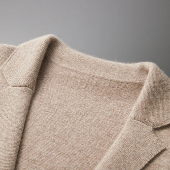 Beige women's lightweight casual linen blazer with a collarless open front design, featuring long sleeves and a stylish pattern.
