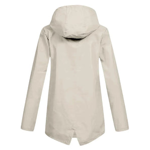 Beige women's lightweight water-resistant hooded long jacket featuring long sleeves and a sleek design.