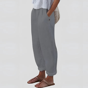 Gray 3XL women's linen pants with an elastic waist, showcasing a lightweight and sustainable fabric.