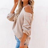 Beige women's off-shoulder ribbed knit sweater showcasing a stylish fall fashion pullover with a comfortable and form-fitting design, featuring long sleeves and a wide neckline that elegantly reveals the shoulders.