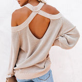 Beige women's off-shoulder ribbed knit sweater with long sleeves, showcasing a stylish fall fashion pullover design.