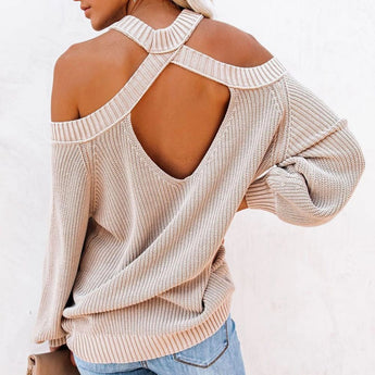Beige women's off-shoulder ribbed knit sweater with long sleeves, showcasing a stylish fall fashion pullover design.