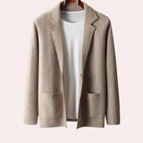 Beige women's oversized wool blazer with notch lapel and long sleeves, in camel color, size 2XL.