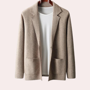 Beige women's oversized wool blazer with notch lapel and long sleeves, in camel color, size 2XL.