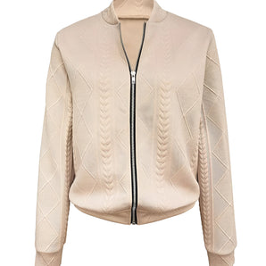 Beige Women's Quilted Leather Bomber Jacket - Textured & Lightweight
